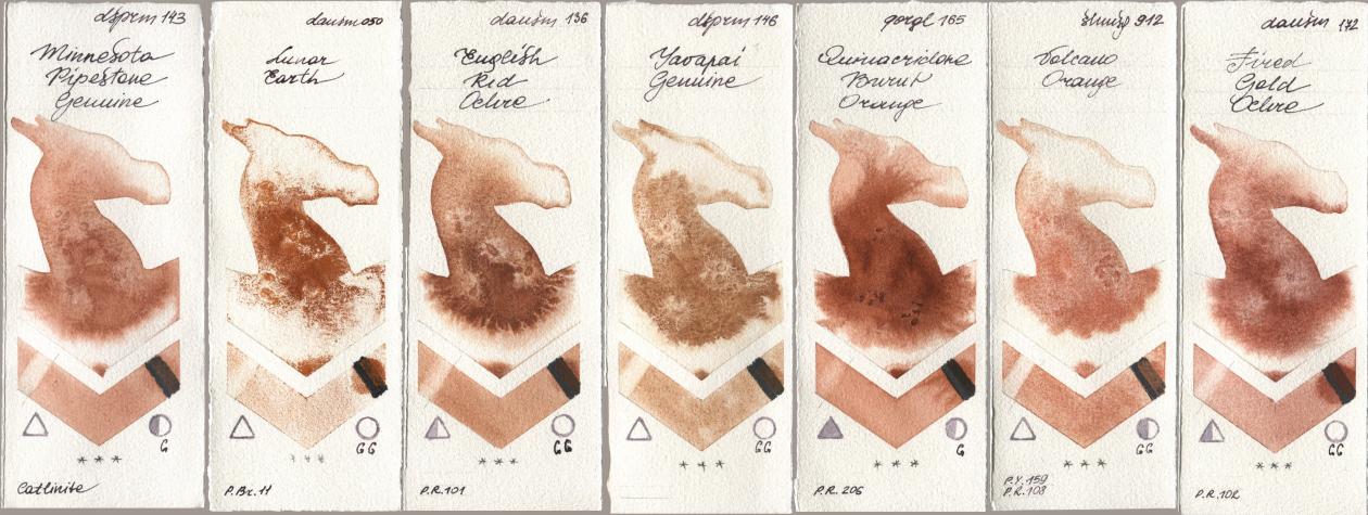 Daniel Smith 143 Minnesota Pipestone Genuine, 050 Lunar Earth, 136 English Red Ochre, 146 Yavapai Genuine, Golden QOR 165 Quinacridone Burnt Orange, Shminke Horadam Aquarell 912 Volcano Orange, 172 Fired Gold Och watercolor swatch