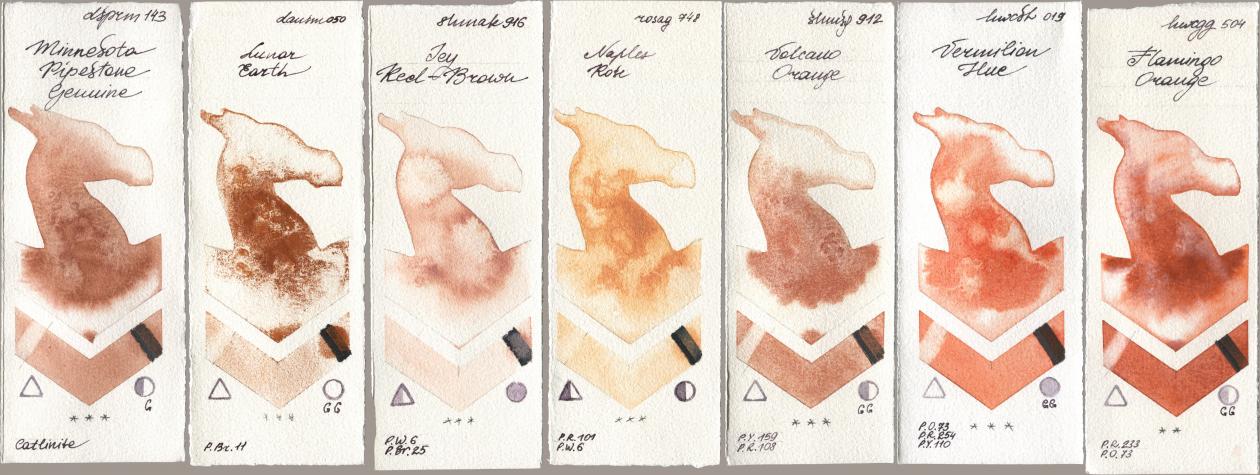 Daniel Smith 143 Minnesota Pipestone Genuine, 050 Lunar Earth, Shminke Akademie Aquarell 916 Icy Red-Brown, Rosa Gallery 748 Naples Rose, Shminke Horadam Aquarell 912 Volcano Orange, Holbein Artists Watercolor 019 Vermilion Hue, 504 Flamingo Oran watercolor swatch