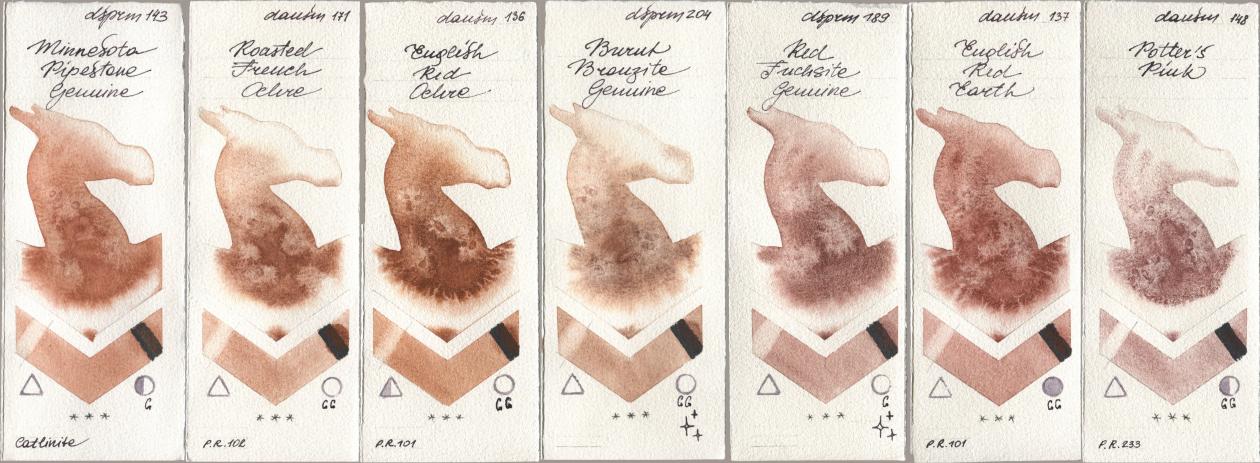 Daniel Smith 143 Minnesota Pipestone Genuine, 171 Roasted French Ochre, 136 English Red Ochre, 204 Burnt Bronzite Genuine, 189 Red Fuchsite Genuine, 137 English Red Earth, 148 Potters Pi watercolor swatch