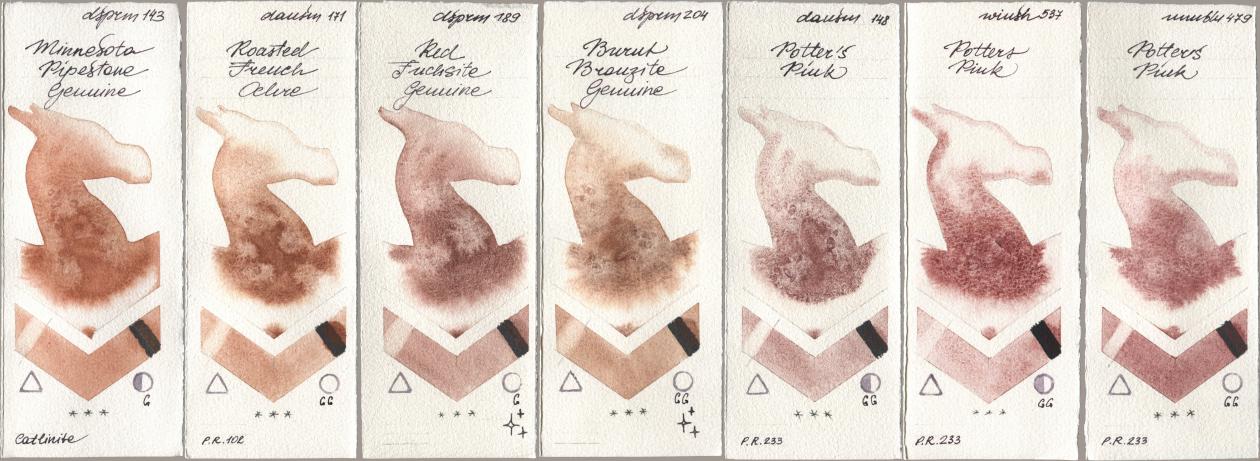 Daniel Smith 143 Minnesota Pipestone Genuine, 171 Roasted French Ochre, 189 Red Fuchsite Genuine, 204 Burnt Bronzite Genuine, 148 Potters Pink, Winsor & Newton Professional 537 Potters Pink, Maimeri Blu 479 Potters Pi watercolor swatch