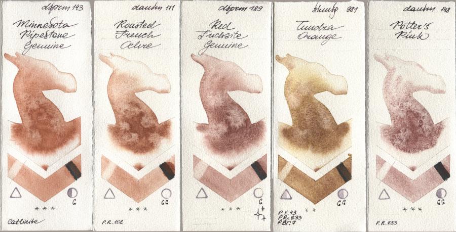 Daniel Smith 143 Minnesota Pipestone Genuine, 171 Roasted French Ochre, 189 Red Fuchsite Genuine, Shminke Horadam Aquarell 981 Tundra Orange, 148 Potters Pi watercolor swatch