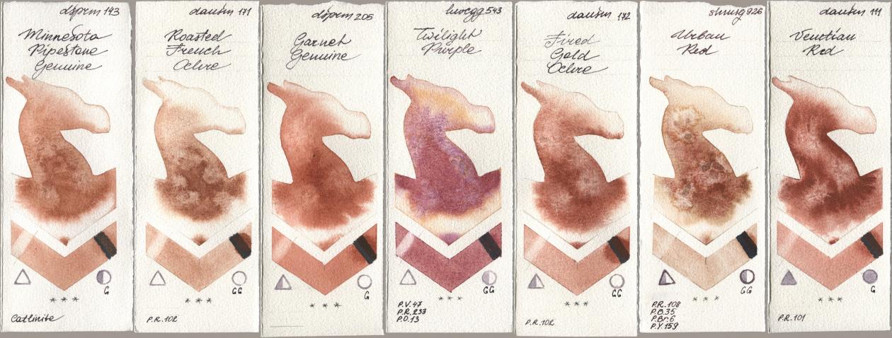 Daniel Smith 143 Minnesota Pipestone Genuine, 171 Roasted French Ochre, 205 Garnet Genuine, Holbein Artists Watercolor 543 Twilight Purple, 172 Fired Gold Ochre, Shminke Horadam Aquarell 926 Urban Red, 111 Venetian R watercolor swatch