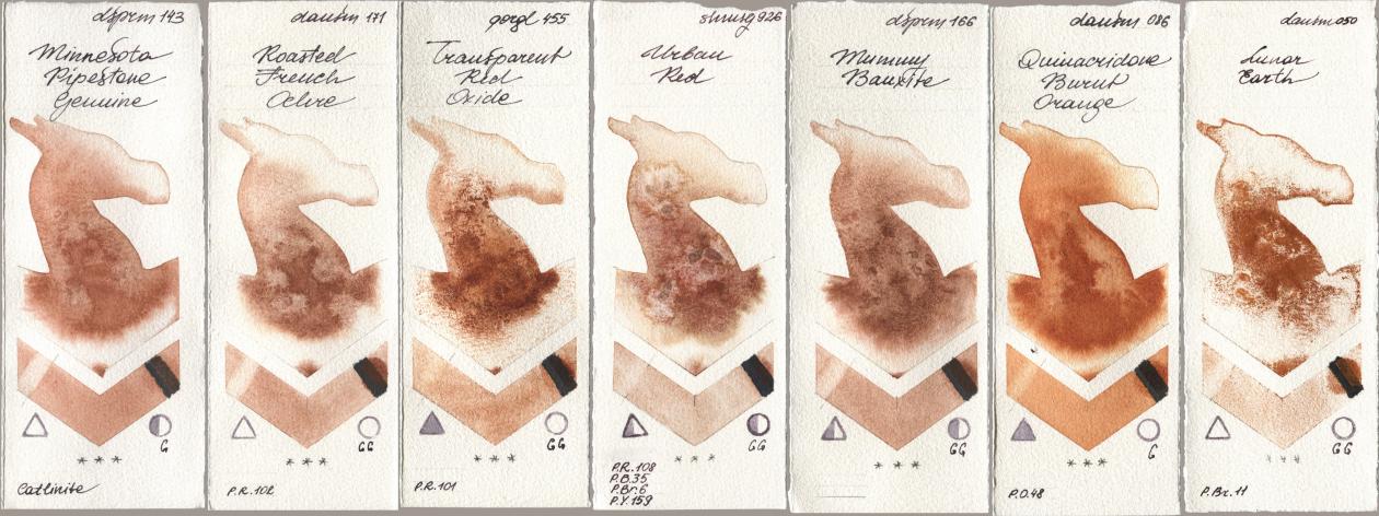 Daniel Smith 143 Minnesota Pipestone Genuine, 171 Roasted French Ochre, Golden QOR 455 Transparent Red Oxide, Shminke Horadam Aquarell 926 Urban Red, 166 Mummy Bauxite, 086 Quinacridone Burnt Orange, 050 Lunar Ear watercolor swatch