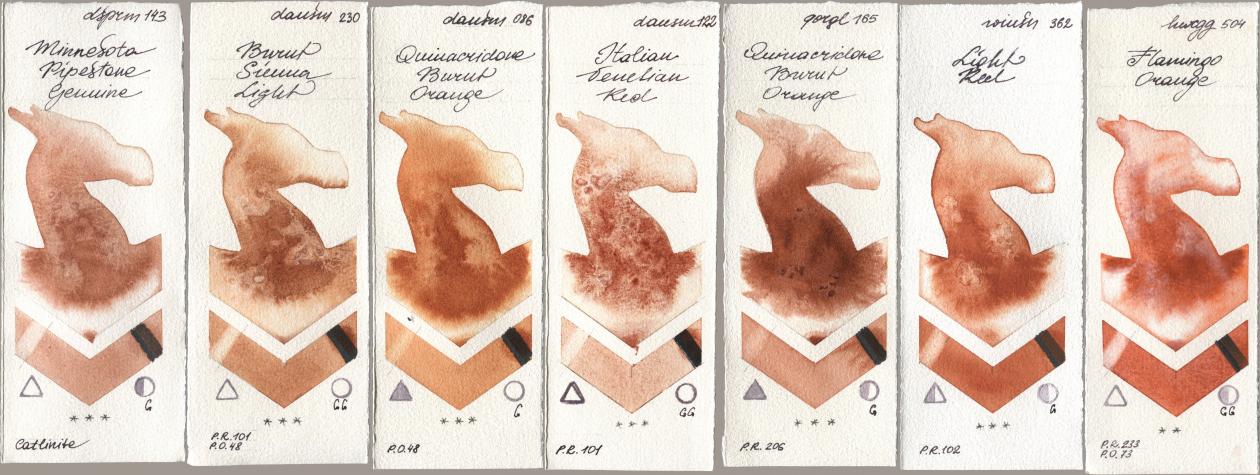 Daniel Smith 143 Minnesota Pipestone Genuine, 230 Burnt Sienna Light, 086 Quinacridone Burnt Orange, 122 Italian Venetian Red, Golden QOR 165 Quinacridone Burnt Orange, Winsor & Newton Professional 362 Light Red, Holbein Artists Watercolor 504 Flamingo Oran watercolor swatch