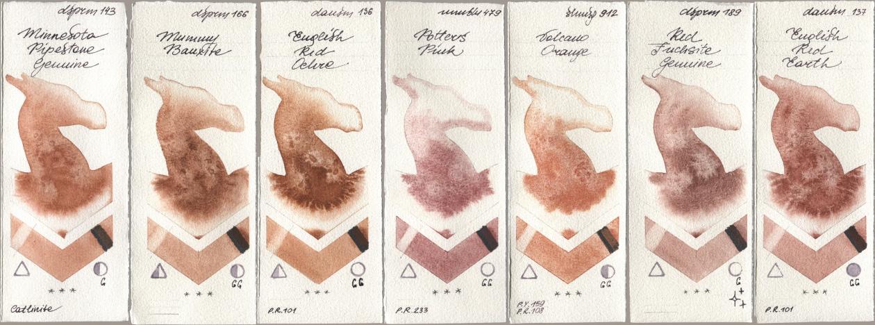 Daniel Smith 143 Minnesota Pipestone Genuine, 166 Mummy Bauxite, 136 English Red Ochre, Maimeri Blu 479 Potters Pink, Shminke Horadam Aquarell 912 Volcano Orange, 189 Red Fuchsite Genuine, 137 English Red Ear watercolor swatch