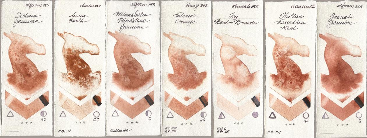 Daniel Smith 145 Sedona Genuine, 050 Lunar Earth, 143 Minnesota Pipestone Genuine, Shminke Horadam Aquarell 912 Volcano Orange, Shminke Akademie Aquarell 916 Icy Red-Brown, 122 Italian Venetian Red, 205 Garnet Genui watercolor swatch