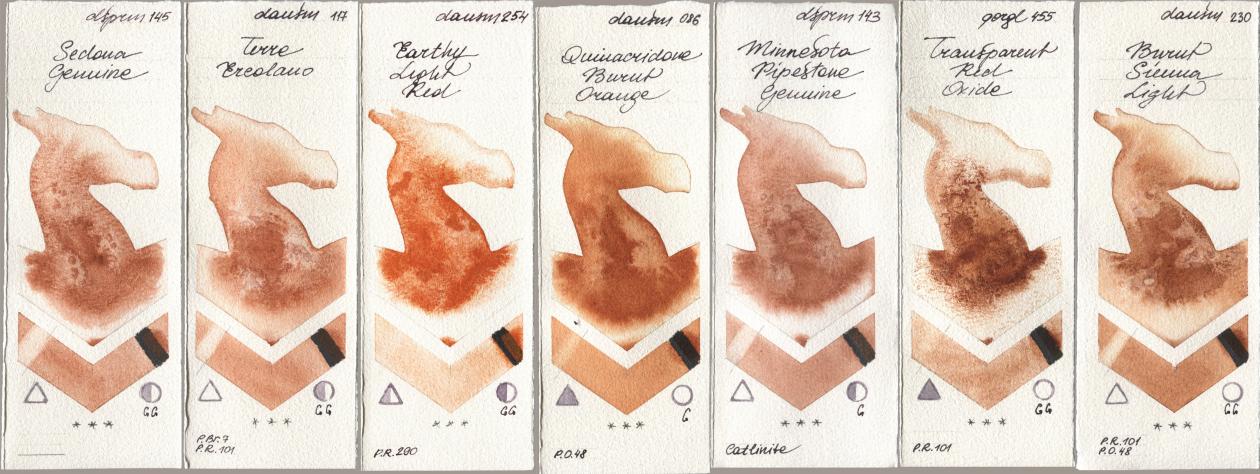Daniel Smith 145 Sedona Genuine, 117 Terre Ercolano, 254 Earthy Light Red, 086 Quinacridone Burnt Orange, 143 Minnesota Pipestone Genuine, Golden QOR 455 Transparent Red Oxide, 230 Burnt Sienna Lig watercolor swatch
