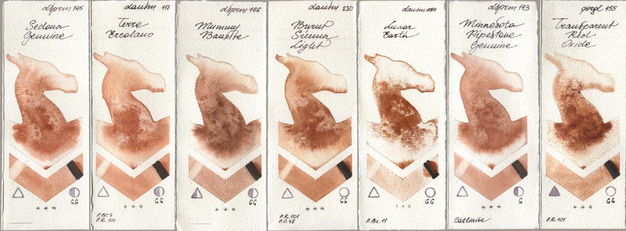 Daniel Smith 145 Sedona Genuine, 117 Terre Ercolano, 166 Mummy Bauxite, 230 Burnt Sienna Light, 050 Lunar Earth, 143 Minnesota Pipestone Genuine, Golden QOR 455 Transparent Red Oxi watercolor swatch