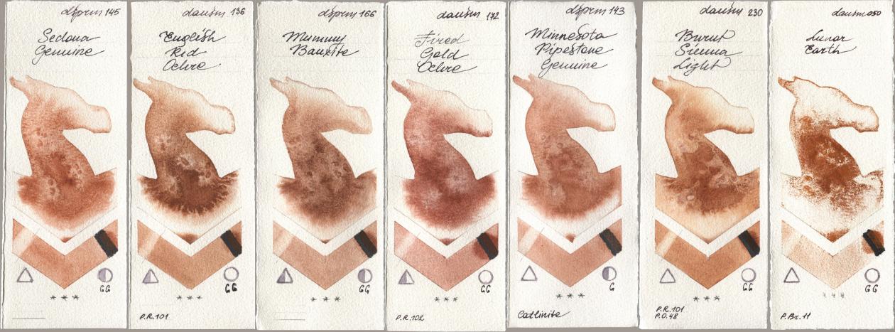 Daniel Smith 145 Sedona Genuine, 136 English Red Ochre, 166 Mummy Bauxite, 172 Fired Gold Ochre, 143 Minnesota Pipestone Genuine, 230 Burnt Sienna Light, 050 Lunar Ear watercolor swatch