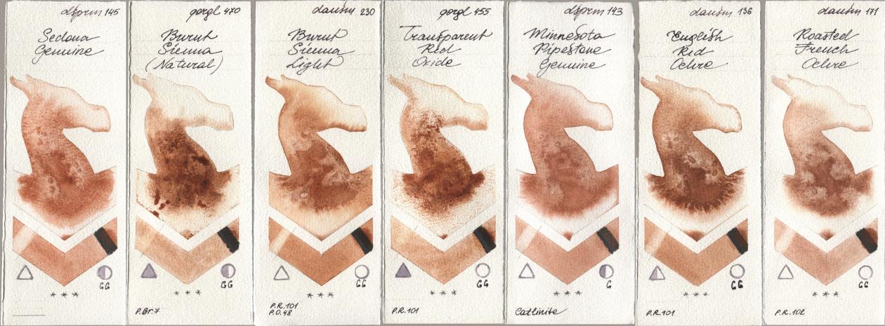 Daniel Smith 145 Sedona Genuine, Golden QOR 470 Burnt Sienna (Natural), 230 Burnt Sienna Light, 455 Transparent Red Oxide, 143 Minnesota Pipestone Genuine, 136 English Red Ochre, 171 Roasted French Och watercolor swatch