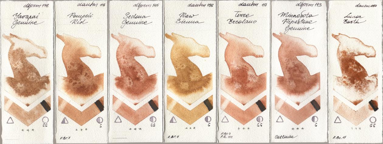 Daniel Smith 146 Yavapai Genuine, 116 Pompeii Red, 145 Sedona Genuine, 096 Raw Sienna, 117 Terre Ercolano, 143 Minnesota Pipestone Genuine, 050 Lunar Ear watercolor swatch