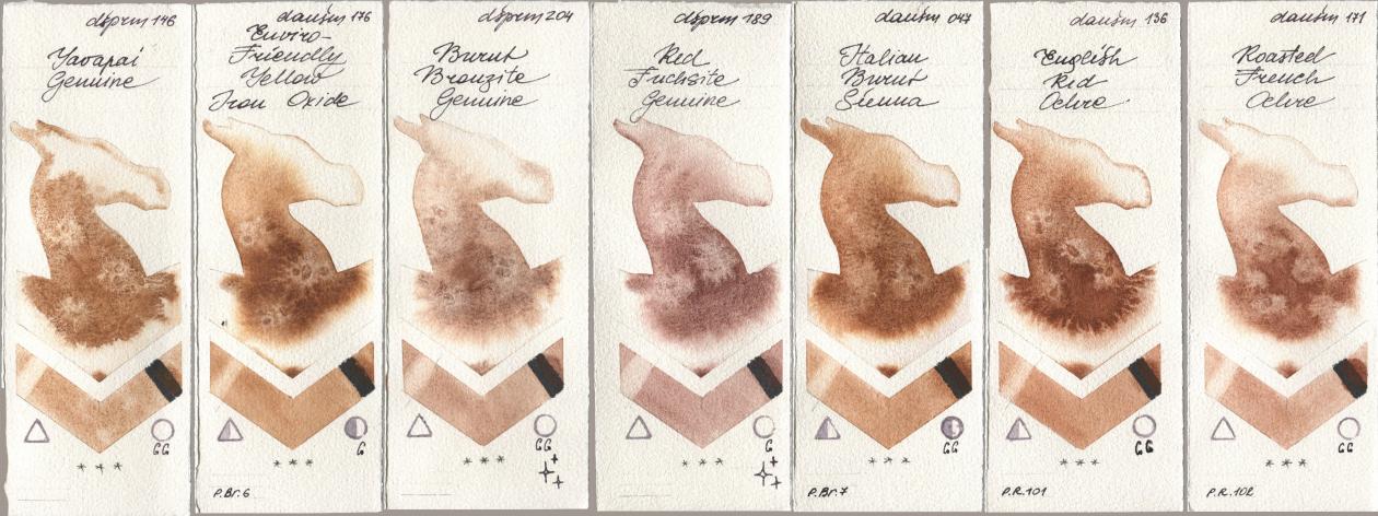 Daniel Smith 146 Yavapai Genuine, 176 Enviro-Friendly Yellow Iron Oxide, 204 Burnt Bronzite Genuine, 189 Red Fuchsite Genuine, 047 Italian Burnt Sienna, 136 English Red Ochre, 171 Roasted French Och watercolor swatch