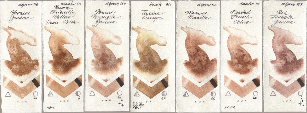 Daniel Smith 146 Yavapai Genuine, 176 Enviro-Friendly Yellow Iron Oxide, 204 Burnt Bronzite Genuine, Shminke Horadam Aquarell 981 Tundra Orange, 166 Mummy Bauxite, 171 Roasted French Ochre, 189 Red Fuchsite Genui watercolor swatch