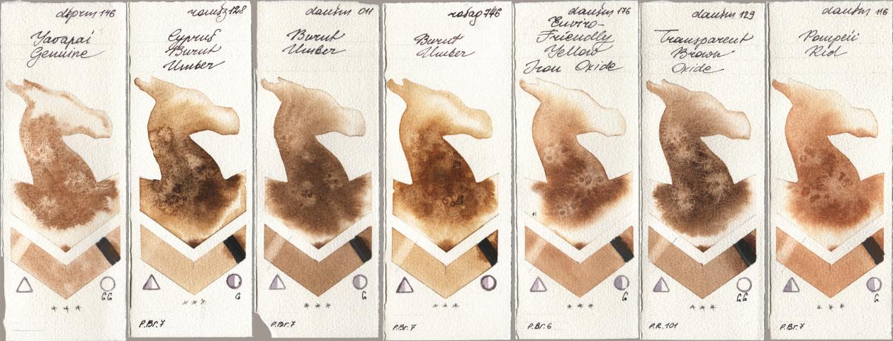 Daniel Smith 146 Yavapai Genuine, Roman Szmal Aquarius 128 Cyprus Burnt Umber, 011 Burnt Umber, Rosa Gallery 746 Burnt Umber, 176 Enviro-Friendly Yellow Iron Oxide, 129 Transparent Brown Oxide, 116 Pompeii R watercolor swatch
