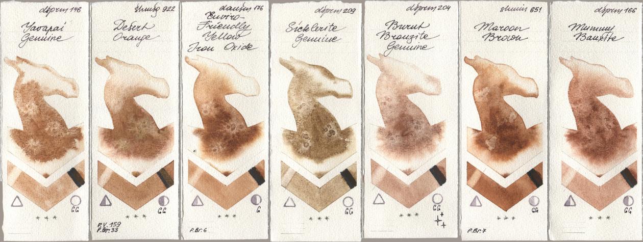 Daniel Smith 146 Yavapai Genuine, Shminke Horadam Aquarell 922 Desert Orange, 176 Enviro-Friendly Yellow Iron Oxide, 209 Sicklerite Genuine, 204 Burnt Bronzite Genuine, 651 Maroon Brown, 166 Mummy Bauxi watercolor swatch