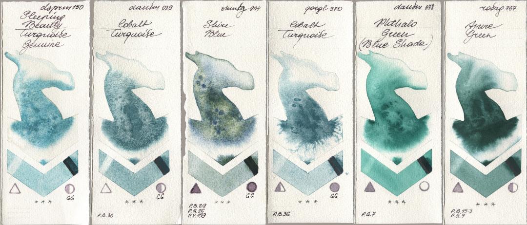Daniel Smith 150 Sleeping Beauty Turquoise Genuine, 029 Cobalt Turquoise, Shminke Horadam Aquarell 934 Shire Blue, Golden QOR 370 Cobalt Turquoise, 078 Phthalo Green (Blue Shade), Rosa Gallery 767 Azure Gre watercolor swatch