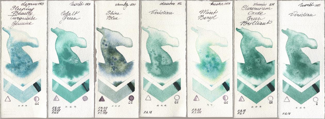 Daniel Smith 150 Sleeping Beauty Turquoise Genuine, Holbein Artists Watercolor 063 Cobalt Green, Shminke Horadam Aquarell 934 Shire Blue, 112 Viridian, Kusakabe 007 Mint Beryl, 511 Chromium Oxide Green Brilliant, 060 Viridi watercolor swatch