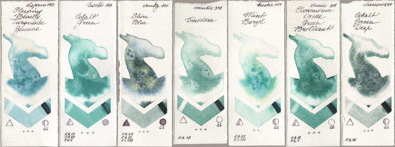 Daniel Smith 150 Sleeping Beauty Turquoise Genuine, Holbein Artists Watercolor 063 Cobalt Green, Shminke Horadam Aquarell 934 Shire Blue, Maimeri Blu 348 Viridian, Kusakabe 007 Mint Beryl, 511 Chromium Oxide Green Brilliant, 258 Cobalt Green De watercolor swatch