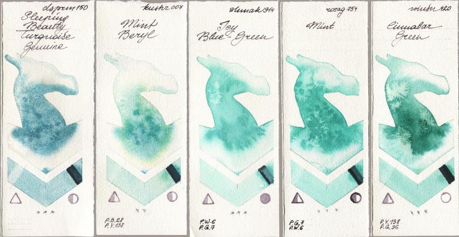 Daniel Smith 150 Sleeping Beauty Turquoise Genuine vs Kusakabe 007 Mint Beryl vs Shminke Akademie Aquarell 914 Icy Blue-Green vs Rosa Gallery 754 Mint vs Winsor & Newton Professional 420 Cinnabar Green watercolor swatch