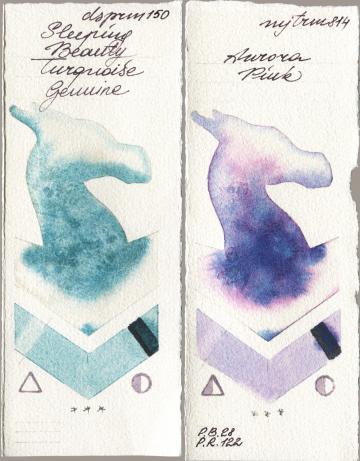 Daniel Smith 150 Sleeping Beauty Turquoise Genuine vs Mijello Mission Gold 814 Aurora Pink watercolor swatch