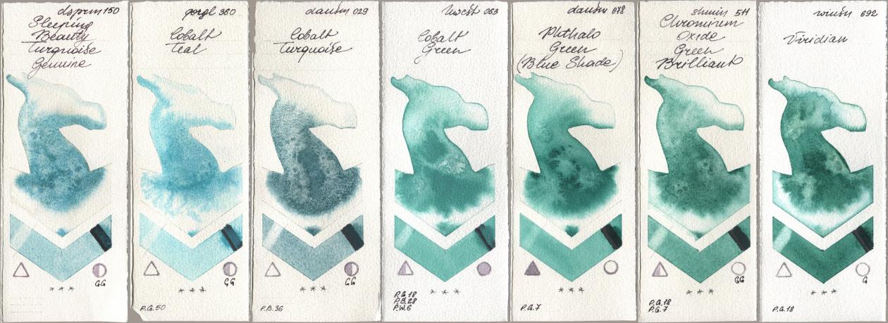 Daniel Smith 150 Sleeping Beauty Turquoise Genuine, Golden QOR 360 Cobalt Teal, 029 Cobalt Turquoise, Holbein Artists Watercolor 063 Cobalt Green, 078 Phthalo Green (Blue Shade), Shminke Horadam Aquarell 511 Chromium Oxide Green Brilliant, Winsor & Newton Professional 692 Viridi watercolor swatch