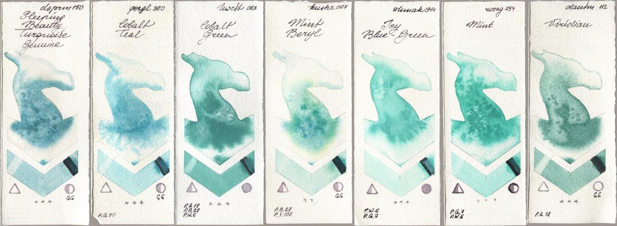 Daniel Smith 150 Sleeping Beauty Turquoise Genuine, Golden QOR 360 Cobalt Teal, Holbein Artists Watercolor 063 Cobalt Green, Kusakabe 007 Mint Beryl, Shminke Akademie Aquarell 914 Icy Blue-Green, Rosa Gallery 754 Mint, 112 Viridi watercolor swatch