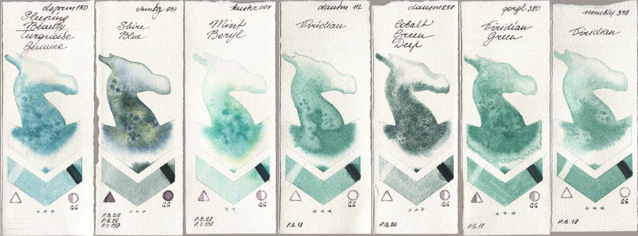 Daniel Smith 150 Sleeping Beauty Turquoise Genuine, Shminke Horadam Aquarell 934 Shire Blue, Kusakabe 007 Mint Beryl, 112 Viridian, 258 Cobalt Green Deep, Golden QOR 380 Viridian Green, Maimeri Blu 348 Viridi watercolor swatch