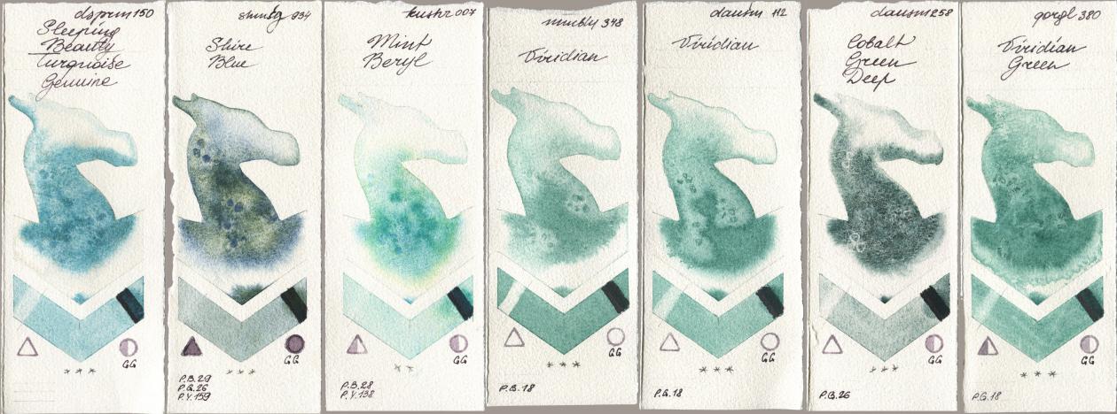 Daniel Smith 150 Sleeping Beauty Turquoise Genuine, Shminke Horadam Aquarell 934 Shire Blue, Kusakabe 007 Mint Beryl, Maimeri Blu 348 Viridian, 112 Viridian, 258 Cobalt Green Deep, Golden QOR 380 Viridian Gre watercolor swatch