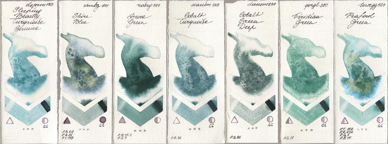 Daniel Smith 150 Sleeping Beauty Turquoise Genuine, Shminke Horadam Aquarell 934 Shire Blue, Rosa Gallery 767 Azure Green, 029 Cobalt Turquoise, 258 Cobalt Green Deep, Golden QOR 380 Viridian Green, Holbein Artists Watercolor 524 Peafowl Gre watercolor swatch