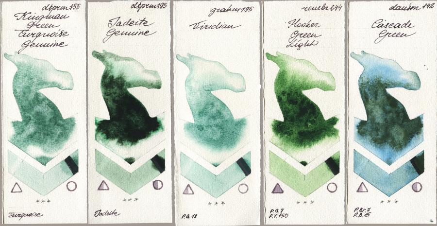 Daniel Smith 155 Kingman Green Turquoise Genuine vs 195 Jadeite Genuine vs M. Graham & Co. Artists 195 Viridian vs Royal Talens Rembrandt Watercolour 644 Hooker Green Light vs 142 Cascade Green watercolor swatch