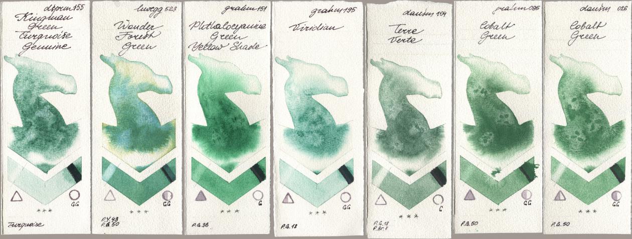 Daniel Smith 155 Kingman Green Turquoise Genuine, Holbein Artists Watercolor 523 Wonder Forest Green, M. Graham & Co. Artists 151 Phthalocyanine Green Yellow Shade, 195 Viridian, 104 Terre Verte, 095 Cobalt Green, 026 Cobalt Gre watercolor swatch