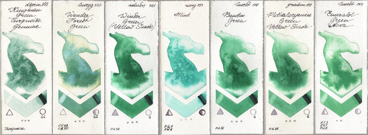 Daniel Smith 155 Kingman Green Turquoise Genuine, Holbein Artists Watercolor 523 Wonder Forest Green, Winsor & Newton Professional 721 Winsor Green (Yellow shade), Rosa Gallery 754 Mint, 078 Bamboo Green, M. Graham & Co. Artists 151 Phthalocyanine Green Yellow Shade, 064 Emerald Green No watercolor swatch