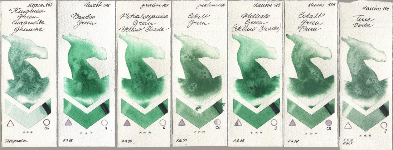 Daniel Smith 155 Kingman Green Turquoise Genuine, Holbein Artists Watercolor 078 Bamboo Green, M. Graham & Co. Artists 151 Phthalocyanine Green Yellow Shade, 095 Cobalt Green, 079 Phthalo Green (Yellow Shade), Shminke Horadam Aquarell 535 Cobalt Green Pure, 104 Terre Ver watercolor swatch