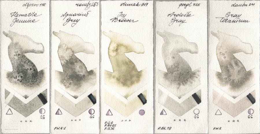 Daniel Smith 156 Hematite Genuine, Roman Szmal Aquarius 253 Aquarius Grey, Shminke Akademie Aquarell 917 Icy Brown, Golden QOR 525 Ardoise Gray, 241 Gray Titani watercolor swatch