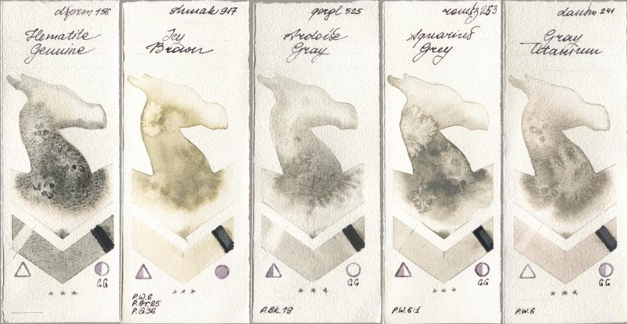 Daniel Smith 156 Hematite Genuine, Shminke Akademie Aquarell 917 Icy Brown, Golden QOR 525 Ardoise Gray, Roman Szmal Aquarius 253 Aquarius Grey, 241 Gray Titani watercolor swatch