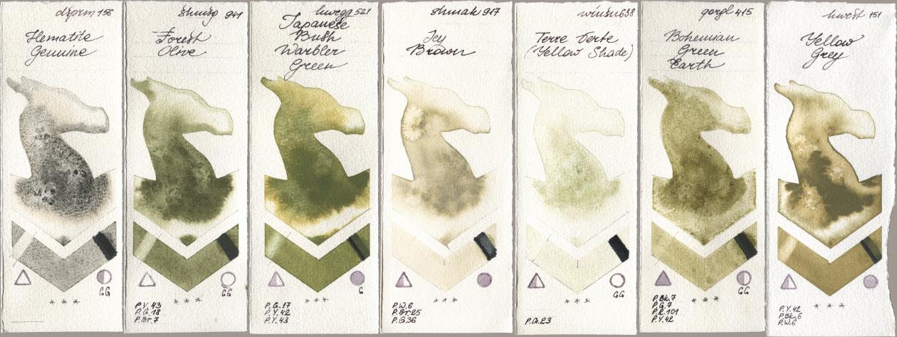 Daniel Smith 156 Hematite Genuine, Shminke Horadam Aquarell 941 Forest Olive, Holbein Artists Watercolor 521 Japanese Bush Warbler Green, Shminke Akademie Aquarell 917 Icy Brown, Winsor & Newton Professional 638 Terre Verte (Yellow Shade), Golden QOR 415 Bohemian Green Earth, 151 Yellow Gr watercolor swatch