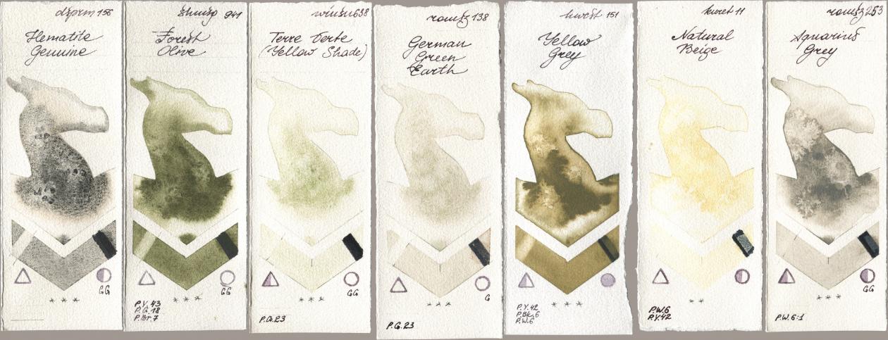 Daniel Smith 156 Hematite Genuine, Shminke Horadam Aquarell 941 Forest Olive, Winsor & Newton Professional 638 Terre Verte (Yellow Shade), Roman Szmal Aquarius 138 German Green Earth, Holbein Artists Watercolor 151 Yellow Grey, Kuretake Gansai Tambi 011 Natural Beige, 253 Aquarius Gr watercolor swatch