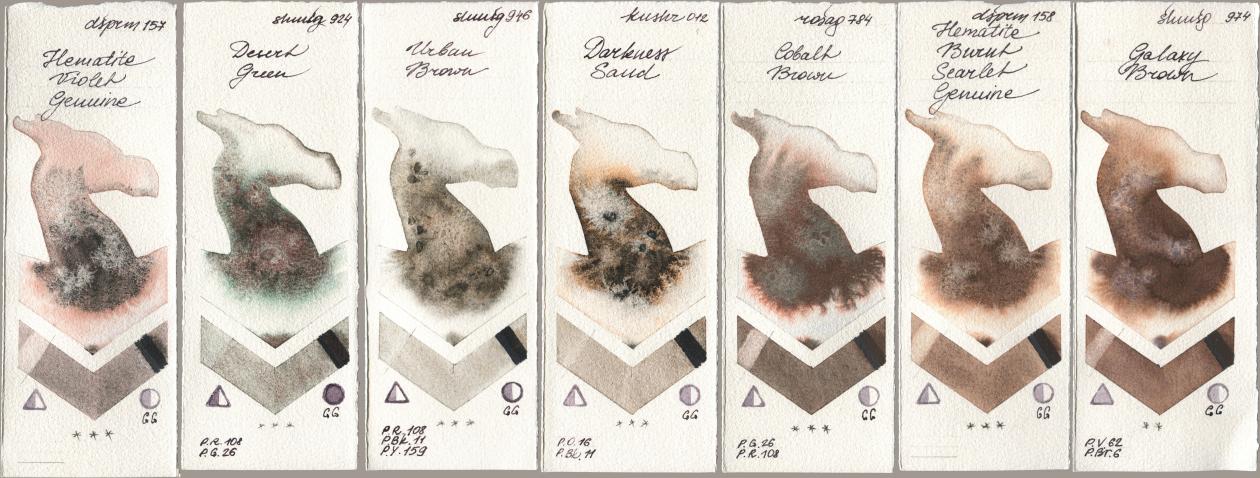 Daniel Smith 157 Hematite Violet Genuine, Shminke Horadam Aquarell 924 Desert Green, 946 Urban Brown, Kusakabe 012 Darkness Sand, Rosa Gallery 784 Cobalt Brown, 158 Hematite Burnt Scarlet Genuine, 974 Galaxy Bro watercolor swatch