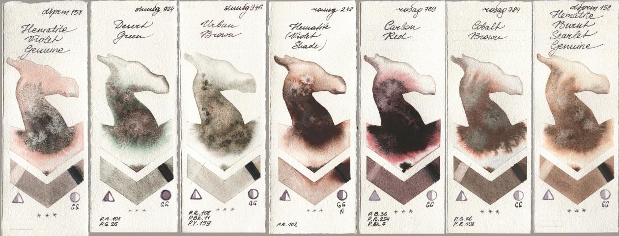 Daniel Smith 157 Hematite Violet Genuine, Shminke Horadam Aquarell 924 Desert Green, 946 Urban Brown, Roman Szmal Aquarius 248 Hematite (Violet Shade), Rosa Gallery 769 Carbon Red, 784 Cobalt Brown, 158 Hematite Burnt Scarlet Genui watercolor swatch