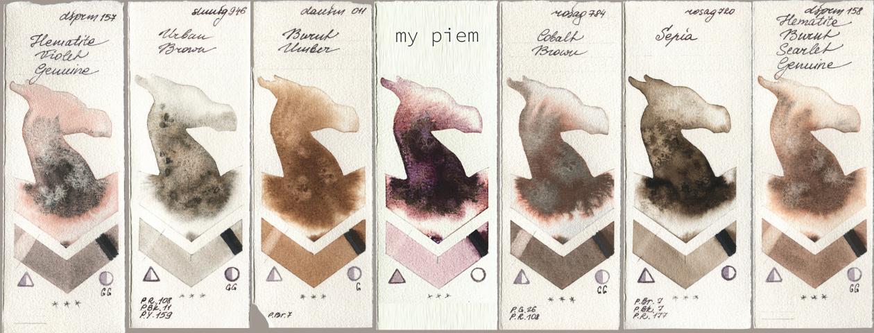 Daniel Smith 157 Hematite Violet Genuine, Shminke Horadam Aquarell 946 Urban Brown, 011 Burnt Umber, my 191 piem, Rosa Gallery 784 Cobalt Brown, 720 Sepia, 158 Hematite Burnt Scarlet Genui watercolor swatch
