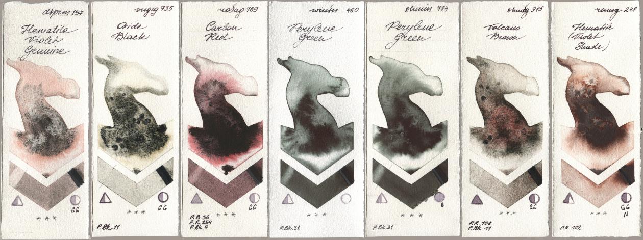 Daniel Smith 157 Hematite Violet Genuine, Royal Talens Van Gogh Watercolour 735 Oxide Black, Rosa Gallery 769 Carbon Red, Winsor & Newton Professional 460 Perylene Green, Shminke Horadam Aquarell 784 Perylene Green, 915 Volcano Brown, Roman Szmal Aquarius 248 Hematite (Violet Shad watercolor swatch