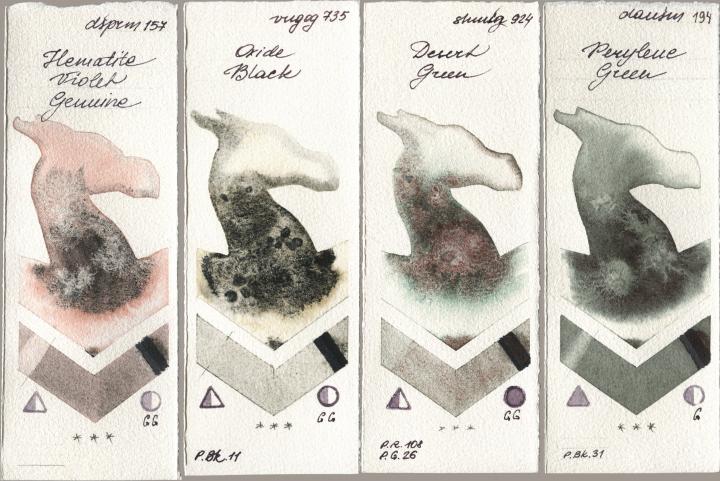Daniel Smith 157 Hematite Violet Genuine, Royal Talens Van Gogh Watercolour 735 Oxide Black, Shminke Horadam Aquarell 924 Desert Green, 194 Perylene Gre watercolor swatch