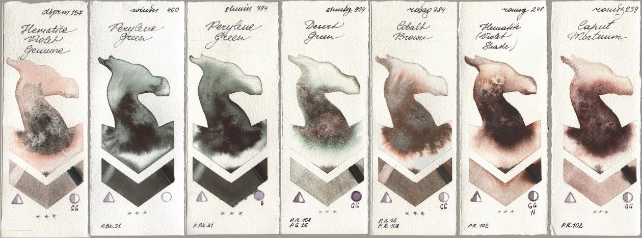 Daniel Smith 157 Hematite Violet Genuine, Winsor & Newton Professional 460 Perylene Green, Shminke Horadam Aquarell 784 Perylene Green, 924 Desert Green, Rosa Gallery 784 Cobalt Brown, Roman Szmal Aquarius 248 Hematite (Violet Shade), 239 Caput Mortu watercolor swatch