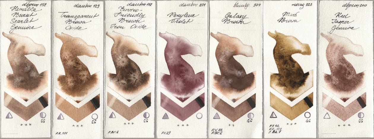 Daniel Smith 158 Hematite Burnt Scarlet Genuine, 129 Transparent Brown Oxide, 178 Enviro-Friendly Brown Iron Oxide, 201 Perylene Violet, Shminke Horadam Aquarell 974 Galaxy Brown, Rosa Gallery 723 Mars Brown, 240 Red Jasper Genui watercolor swatch