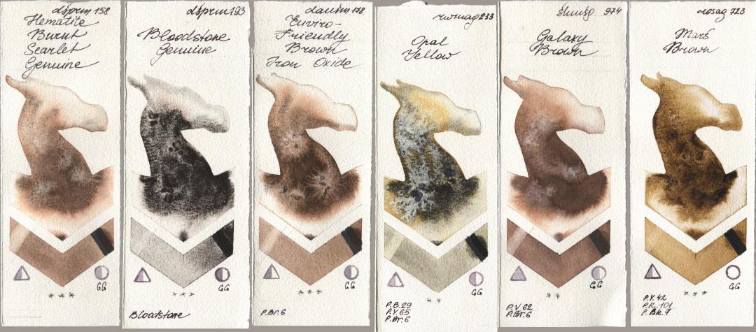 Daniel Smith 158 Hematite Burnt Scarlet Genuine, 193 Bloodstone Genuine, 178 Enviro-Friendly Brown Iron Oxide, Rockwell 233 Opal Yellow, Shminke Horadam Aquarell 974 Galaxy Brown, Rosa Gallery 723 Mars Bro watercolor swatch