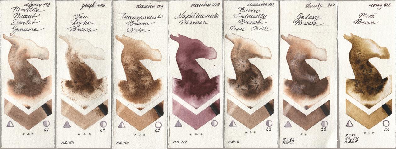 Daniel Smith 158 Hematite Burnt Scarlet Genuine, Golden QOR 495 Van Dyke Brown, 129 Transparent Brown Oxide, 059 Naphthamide Maroon, 178 Enviro-Friendly Brown Iron Oxide, Shminke Horadam Aquarell 974 Galaxy Brown, Rosa Gallery 723 Mars Bro watercolor swatch