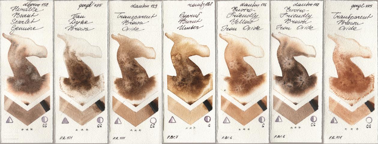 Daniel Smith 158 Hematite Burnt Scarlet Genuine, Golden QOR 495 Van Dyke Brown, 129 Transparent Brown Oxide, Roman Szmal Aquarius 128 Cyprus Burnt Umber, 176 Enviro-Friendly Yellow Iron Oxide, 178 Enviro-Friendly Brown Iron Oxide, 475 Transparent Brown Oxi watercolor swatch
