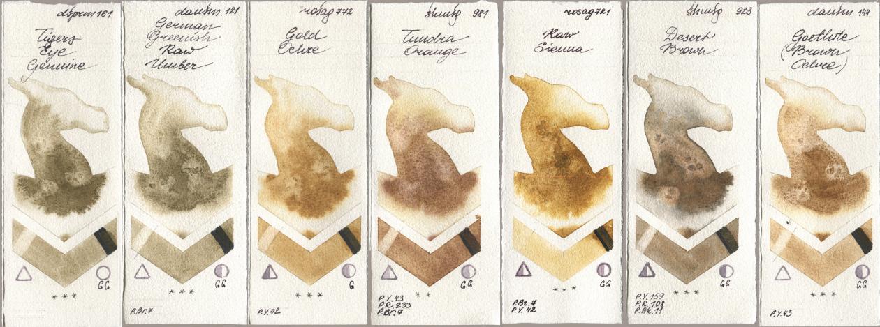 Daniel Smith 161 Tigers Eye Genuine, 121 German Greenish Raw Umber, Rosa Gallery 772 Gold Ochre, Shminke Horadam Aquarell 981 Tundra Orange, 721 Raw Sienna, 923 Desert Brown, 144 Goethite (Brown Ochr watercolor swatch