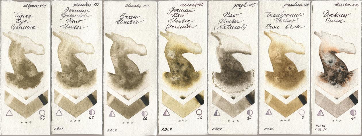 Daniel Smith 161 Tigers Eye Genuine, 121 German Greenish Raw Umber, Shminke Horadam Aquarell 665 Green Umber, Roman Szmal Aquarius 125 German Raw Umber Greenish, Golden QOR 485 Raw Umber (Natural), M. Graham & Co. Artists 188 Transparent Yellow Iron Oxide, Kusakabe 012 Darkness Sa watercolor swatch