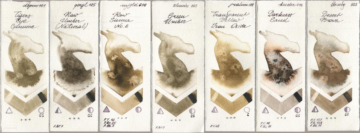 Daniel Smith 161 Tigers Eye Genuine, Golden QOR 485 Raw Umber (Natural), Mijello Mission Gold 606 Raw Sienna No 2, Shminke Horadam Aquarell 665 Green Umber, M. Graham & Co. Artists 188 Transparent Yellow Iron Oxide, Kusakabe 012 Darkness Sand, 923 Desert Bro watercolor swatch